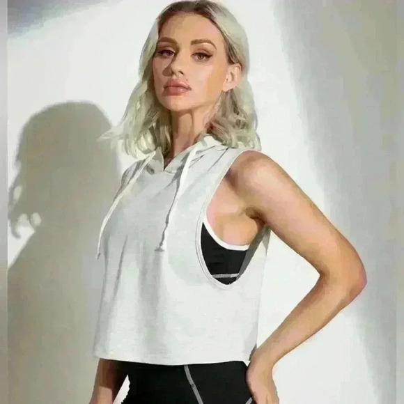 SHEIN Gray Solid Drawstring Sleeveless Hoodie NWOT - Picture 2 of 7